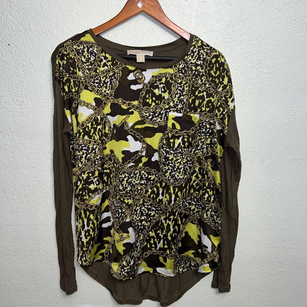 Michael Kors Women's Interlocking Chain Print Top Blouse‎ Olive Green Knit XS